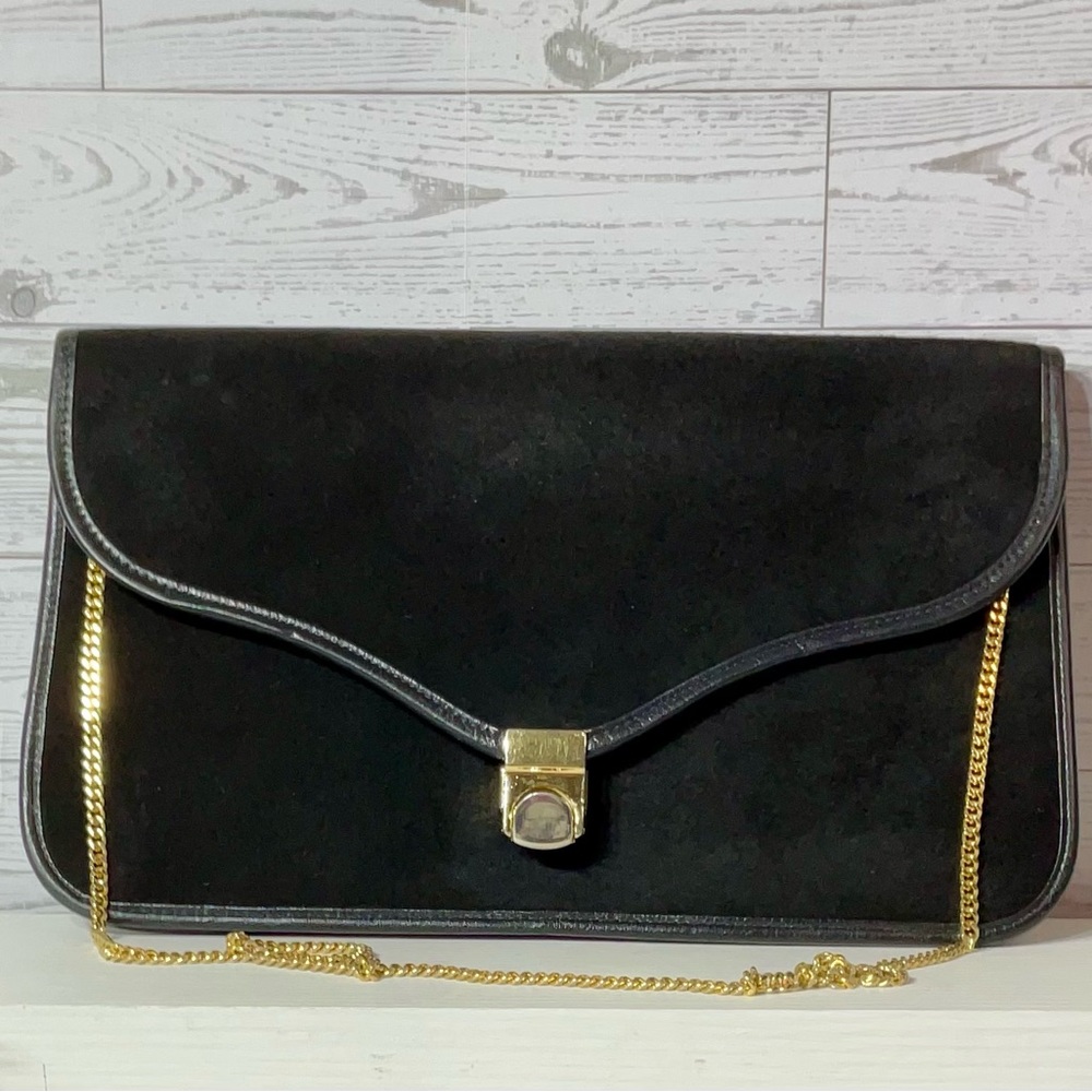 Elegant Black Suede Clutch with Gold Chain